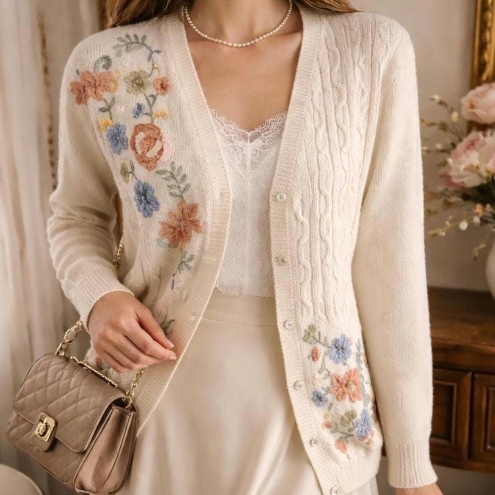 Ivory Button Up Cardigan with Romantic Floral Embroidery Across The Front